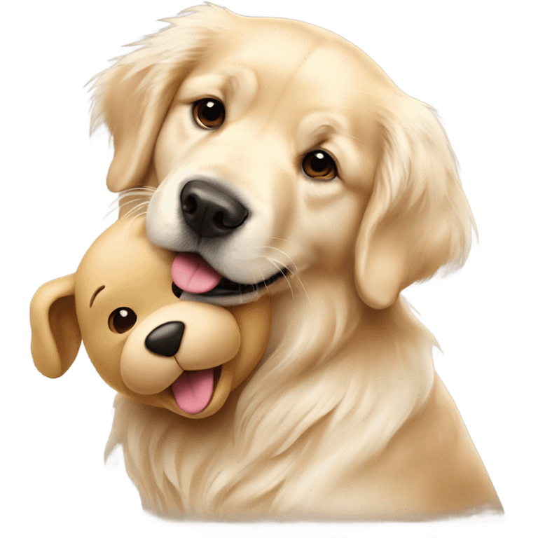 English cream golden retriever holding teddy bear emoji