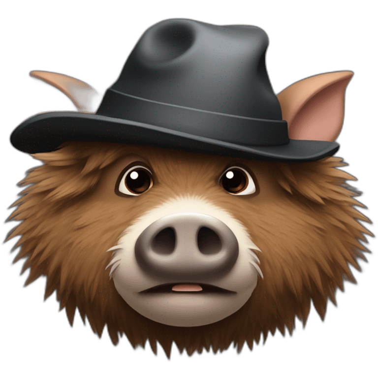 Sad brown stubble boar with tusks in a black winter hat emoji