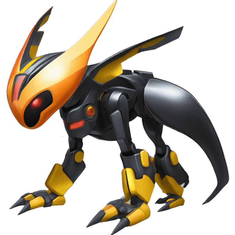 a shiny metallic black-orange-yellow Genesect-Flygon-Raptor-Fakémon-Medabot-hybrid with a futuristic visor-helmet full body emoji