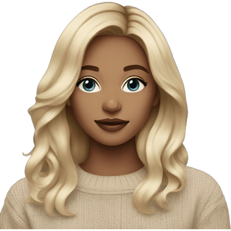 Blue eye long blonde balayage hair woman beige sweater emoji