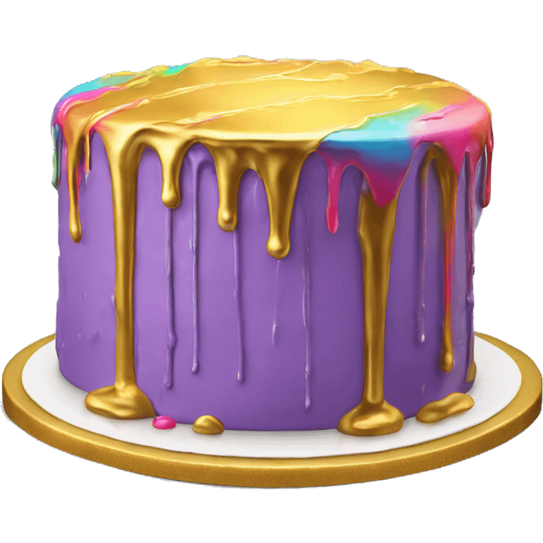 Realistic isolated colorful cake with metallic gold icing dripping from top and all down along the cake emoji