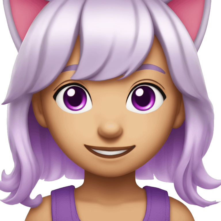 Cute girl with white hair, cat ears and pink inner hair and purple eyes smiling into the camera emoji