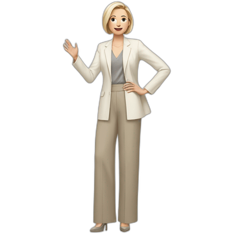 Full height Actively gesturing with hands pale skin woman with ash blonde Straightened bob Hair, White Spacious classical jacket, beige palazzo Arrow pants and gray blouse emoji