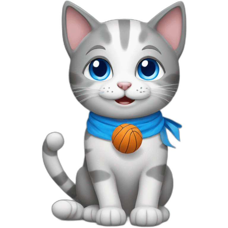 a happy gray cat with blue eyes and a volleyball emoji