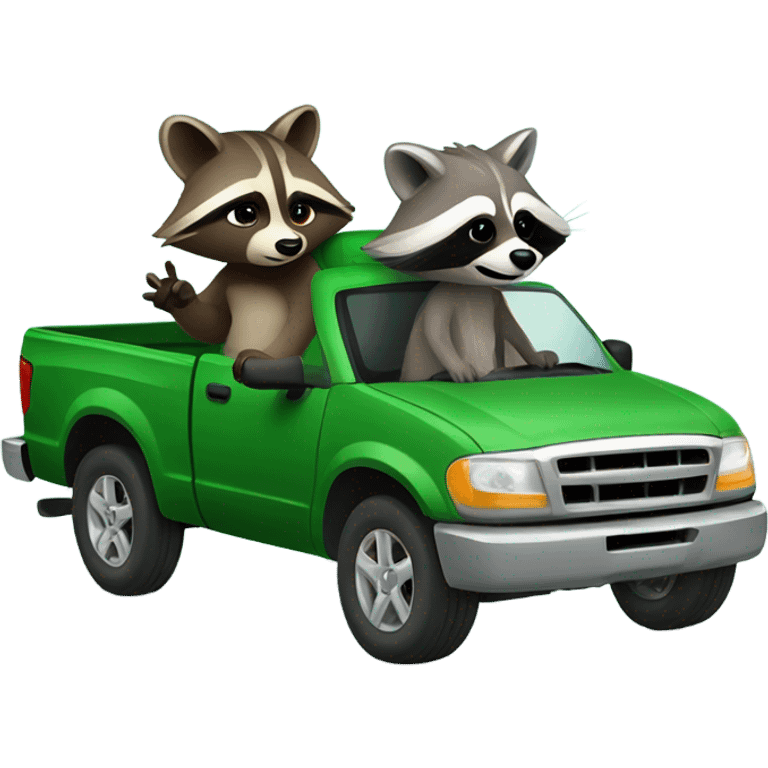 Raccoon driving green pickup truck with girlfriend raccoon emoji