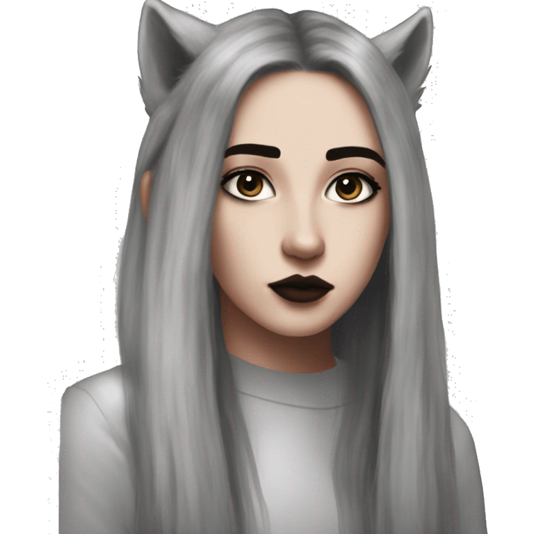 White fair skin, woman, feminine, straight hair in a wolf haircut, black coloured hair, grundge aesthetic, beautiful face, British, stylist, aesthetic emoji