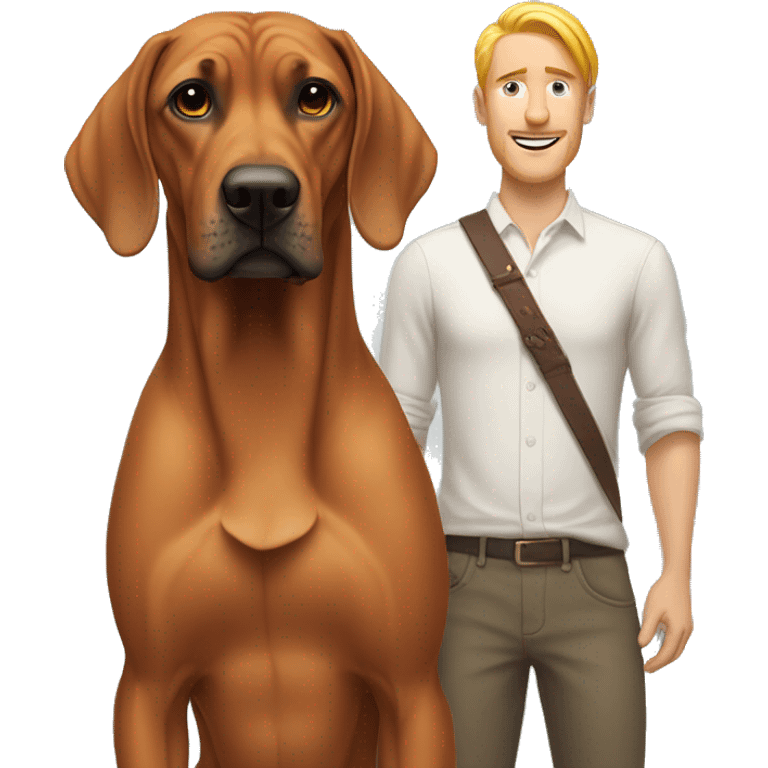 white male with long rainbow colored hair standing alongside a brown rhodesian ridgeback emoji