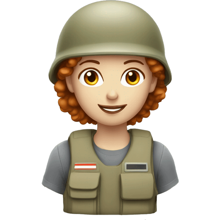 operator dressed in khaki color with a milatary helmet, without glasses, without headset, preferably curly redhead female emoji