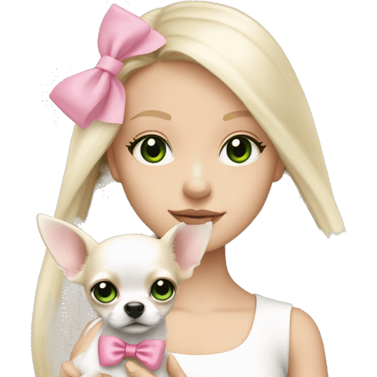 pale blond girl with long platinum hair with green eyes holding a white chihuahua puppy that wearing a pink bow emoji