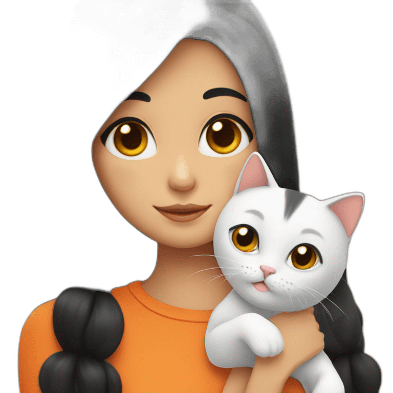 Girl with black hair parted in the middle holds an orange cat emoji