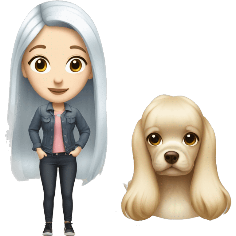 white blonde girl with long hair standing with frenchie with big ears emoji