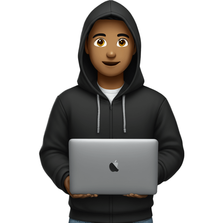 indonesian boy wearing black hoodie with macbook emoji