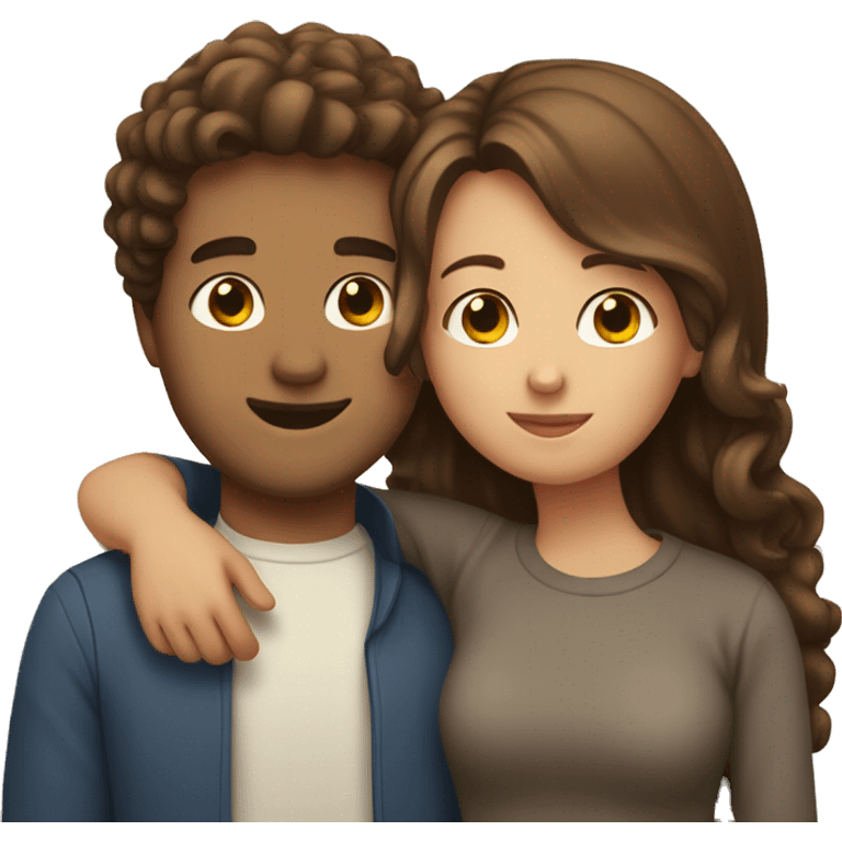 Girl with long straight brown hair hugging a guy with short curly brown hair emoji