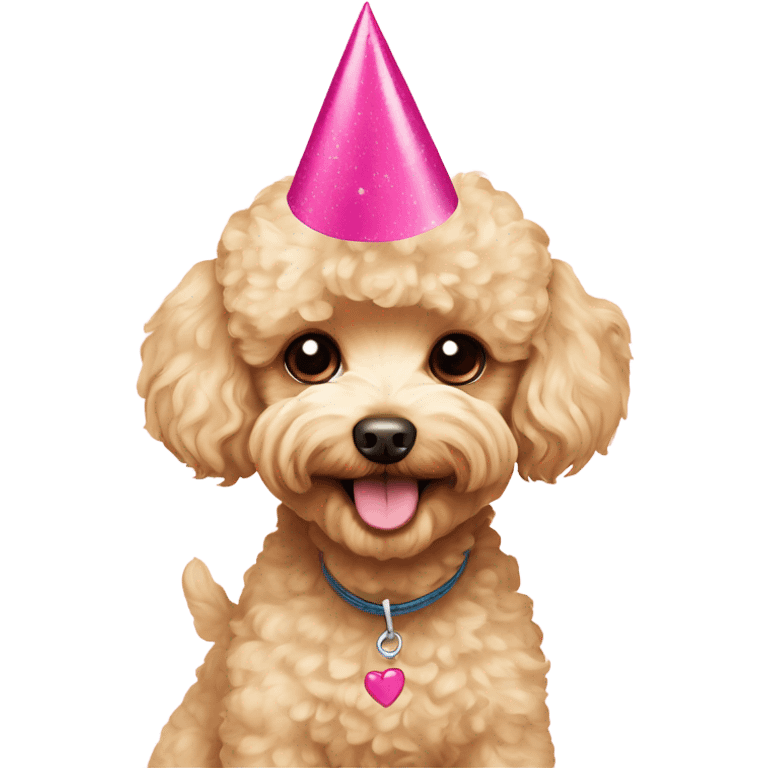 Blonde toypoodle maltipoo with pink birthdayhat emoji