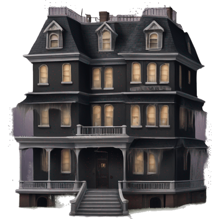 Dark dilapidated 8 story sprawling Haunted Addams manor hotel with attached garage  emoji