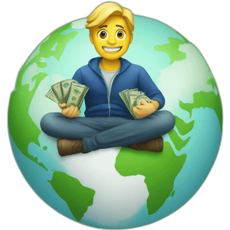 man sitting on globe with money bag emoji