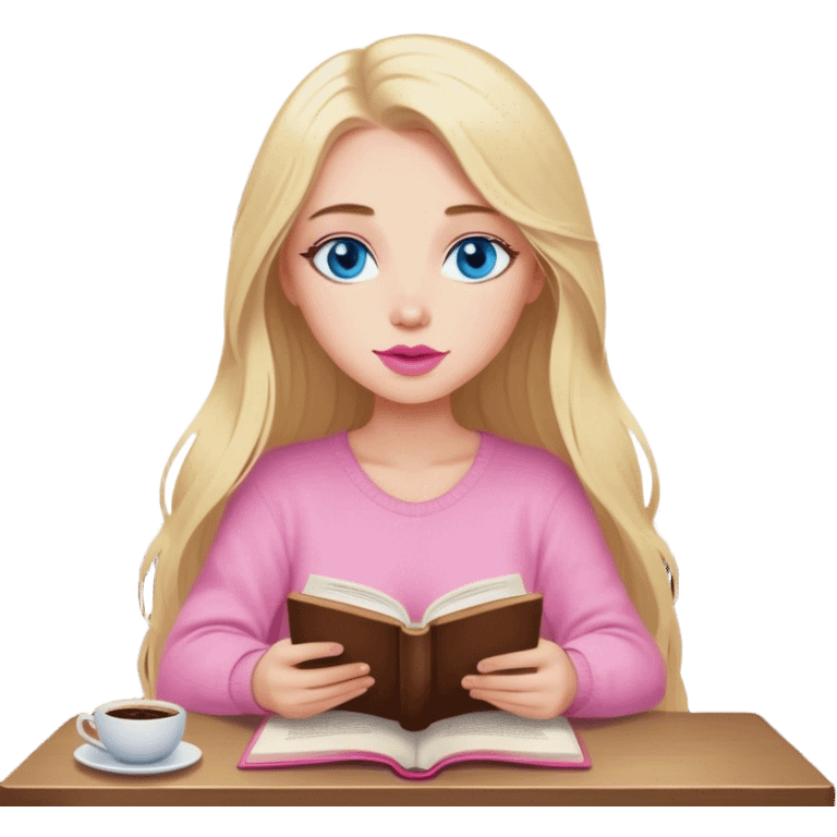 Cinematic realistic blonde with long hair, blue eyes, pink lips, sitting in a cozy atmosphere, reading a book, coffee is on the table next to her emoji