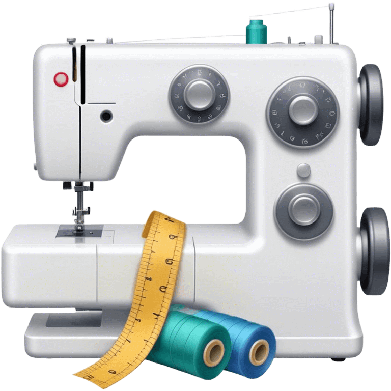 Sewing icon, sewing machine with thread, visible needle, spools of thread, fabric pieces cut according to patterns, scissors, and measuring tape, a piece of clothing in progress, minimalistic style, clean lines, transparent background. emoji