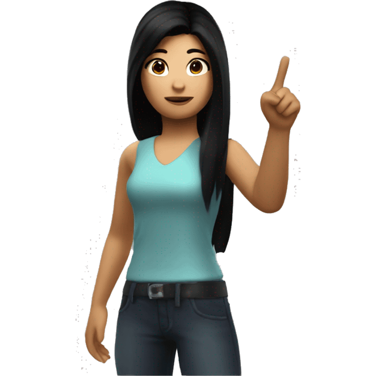 A dark-haired Roblox girl pointing to her right. Her face showing approval emoji