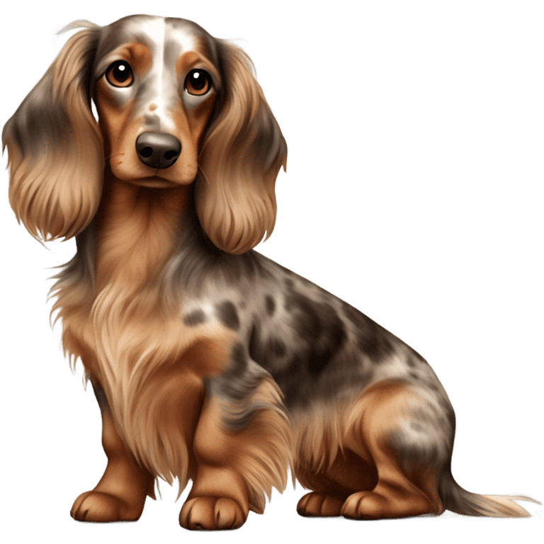 Two brown Merle long haired Dachshunds full body one is smaller emoji