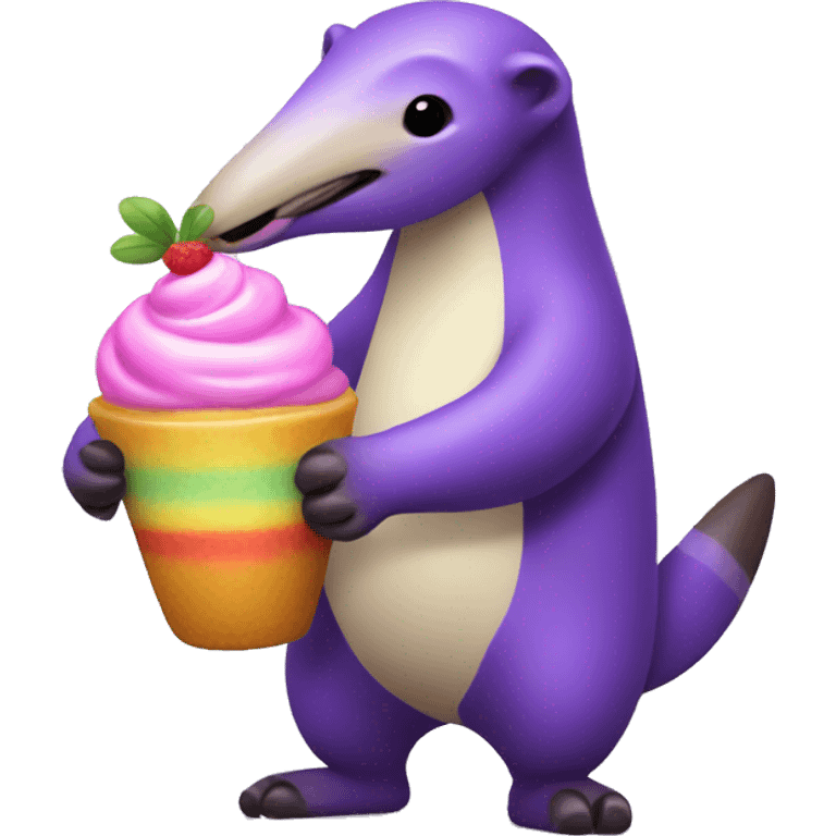 Full body Purple anteater holding a rainbow parfait emoji