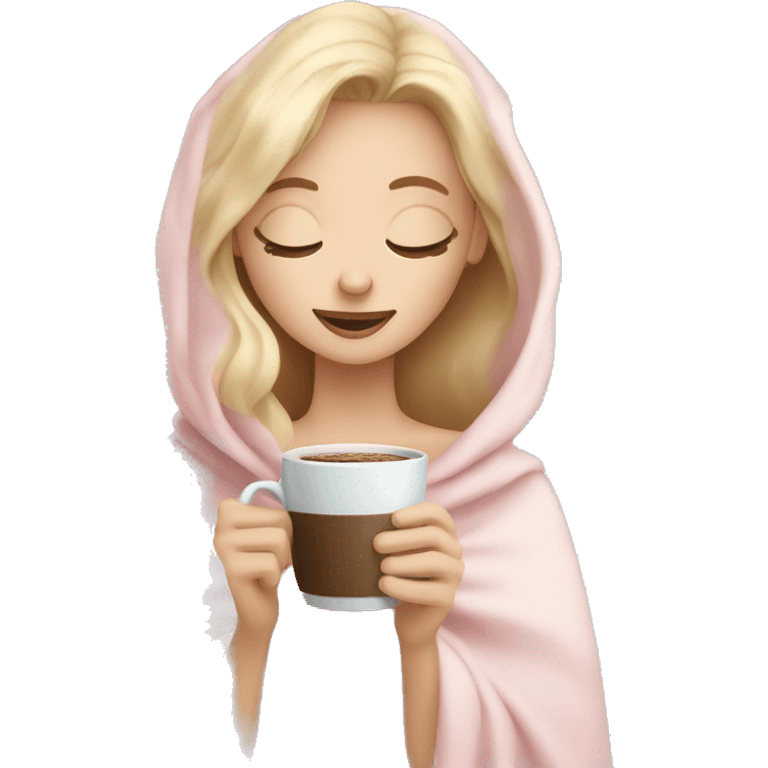 Blonde girl inside a light pink blancket sipping coffee eyes closed white skin blue eyes  emoji