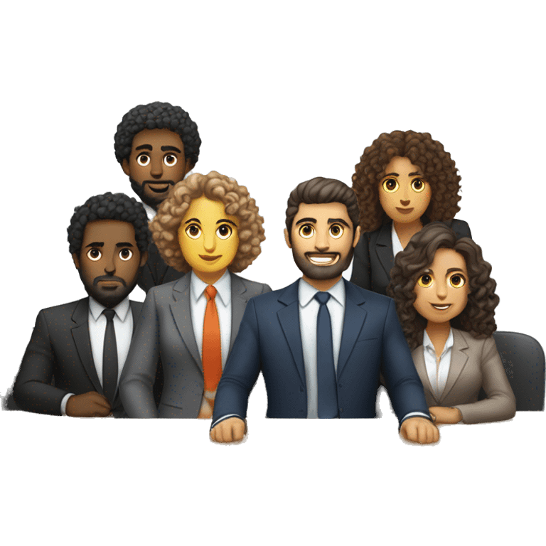 work meeting table 3 men and 4 women sitting on a table wearing suits the women have curly hair and one of the men is fat with a beard and of them is tanned with curly hair emoji