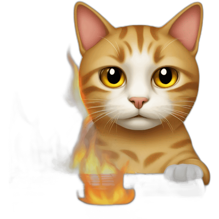 Cat behind burning computer emoji