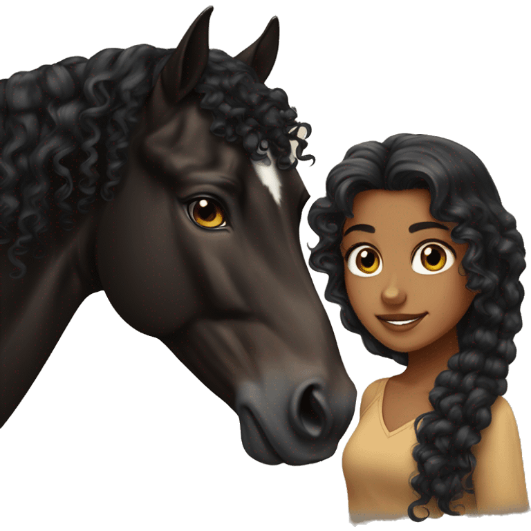 Tan girl, long black curly hair, beautiful hazel eyes, next to a black Arabian horse emoji