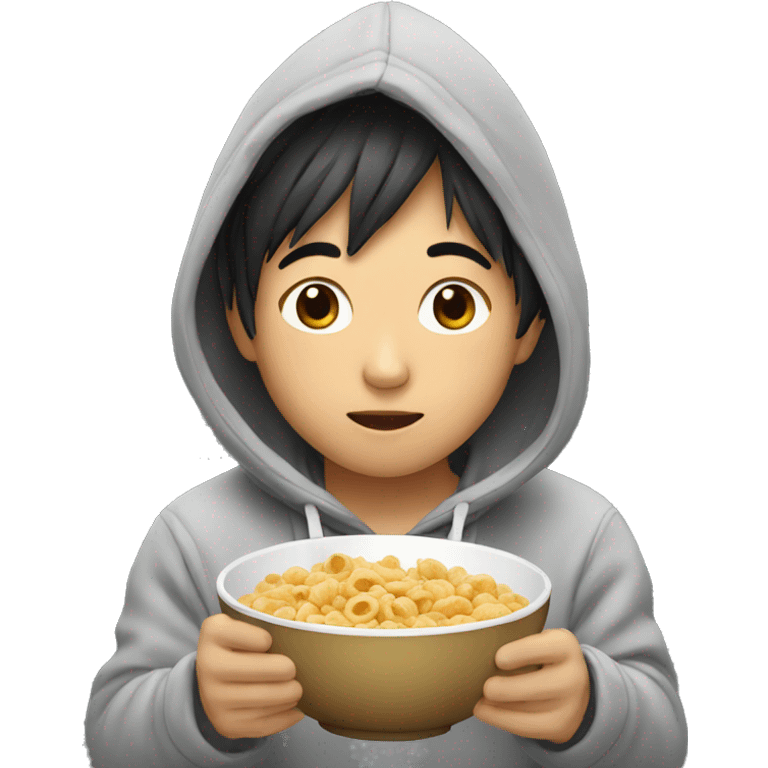 Asian boy in hoodie eating cereal emoji