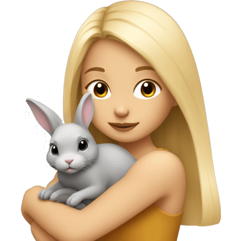 Blond straight hair girl cuddling a small honey grey rabbit emoji