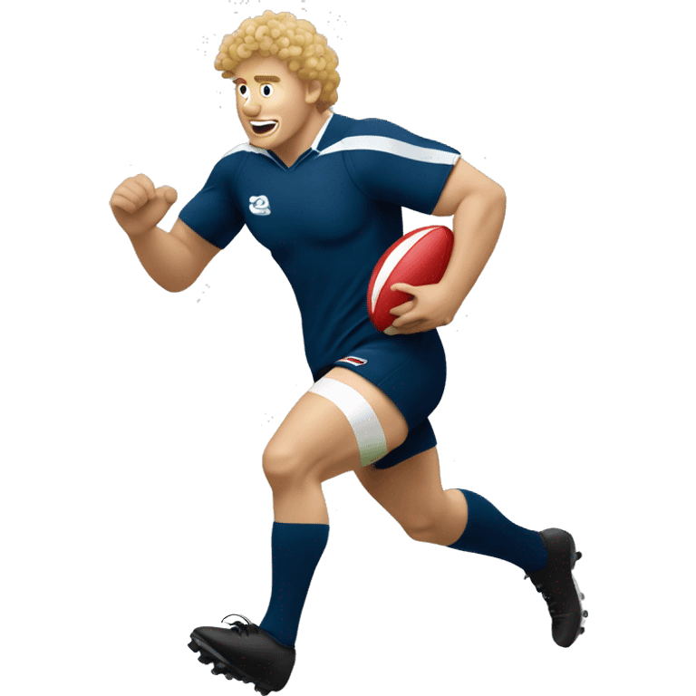 Rugby player that is a white guy with curly blonde hair and is runing with a rugby ball emoji