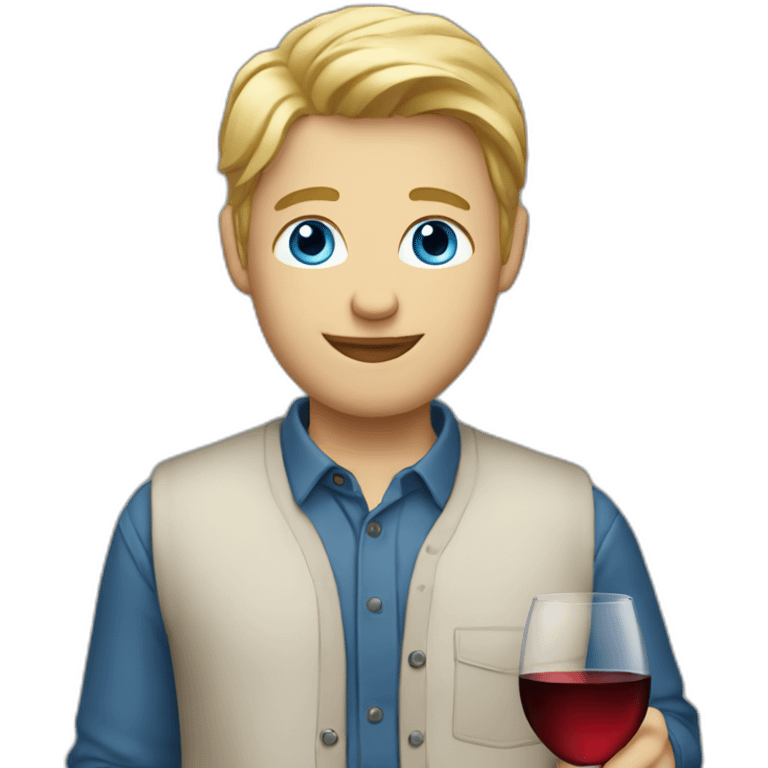 Blonde guy holding wine, casual business (overshirt), blue eyes emoji