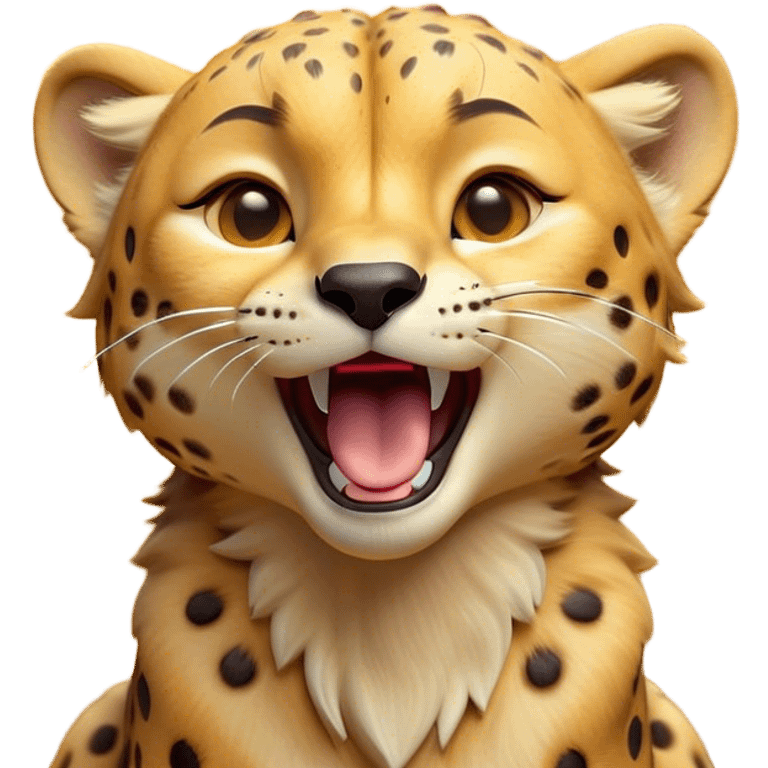 Cinematic Cute Yawning Cheetah Portrait Emoji, Head tilted slightly with a dramatic, wide-open yawn, showcasing a soft, sleek golden Fur with distinctive spots and floppy ears slightly drooping, round amber eyes barely open in drowsy contentment, Simplified yet irresistibly adorable features, highly detailed, glowing with a soft, cozy glow, high shine, relaxed yet expressive, stylized with a touch of savannah whimsy, bright and endearing, soft glowing outline, capturing the essence of a sleepy yet affectionate cheetah, so drowsy it feels like it could stretch right out of the screen and curl up for a nap! emoji