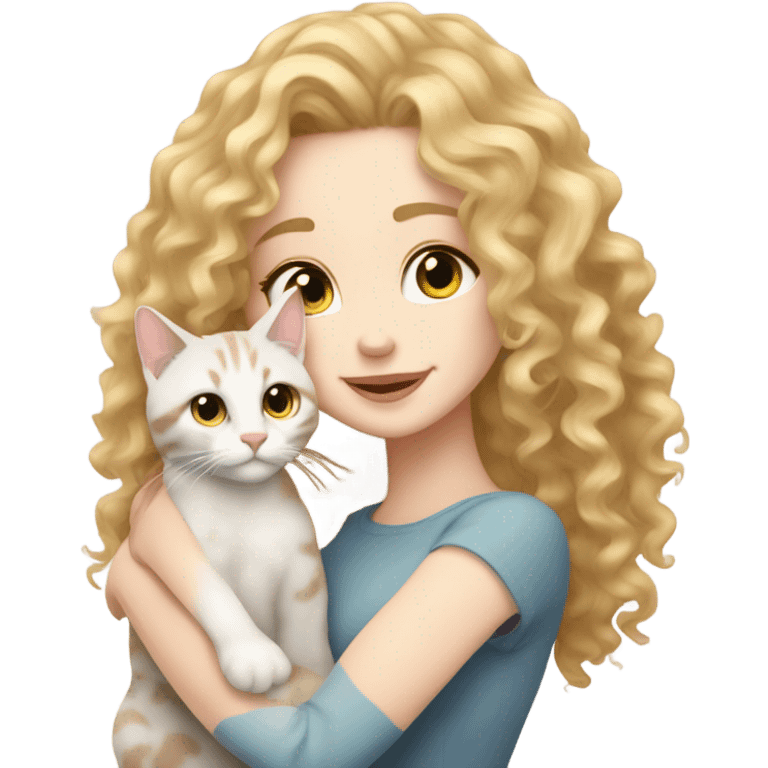 Curly hair hair blonde pale skin cuddling with domestic shorthair emoji