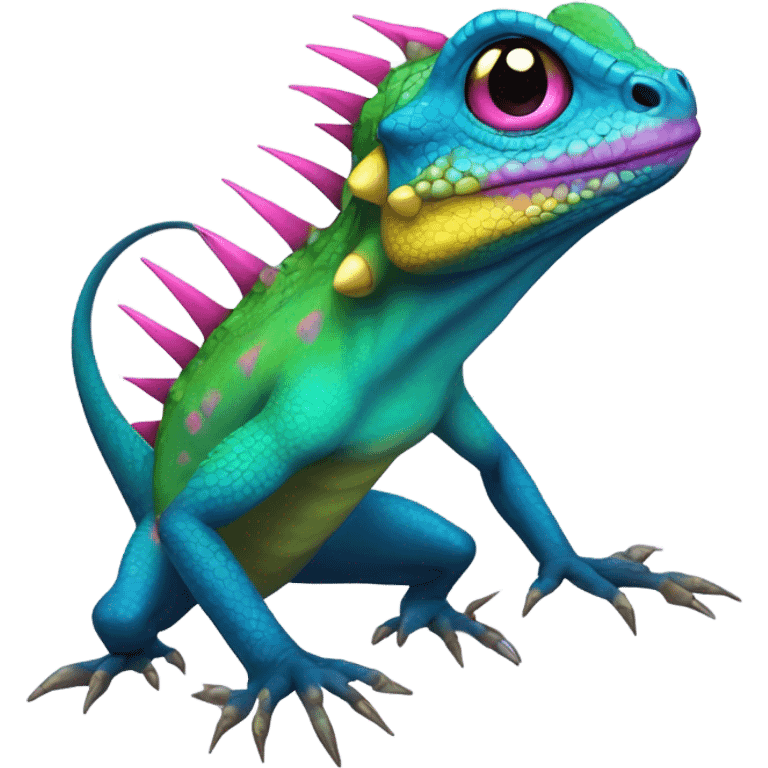 green and blue lizard with yellow underbelly, pink-purple spikes on back and back of head, pink-purple tongue sticking out of mouth, and yellow eyes with blue and black color emoji