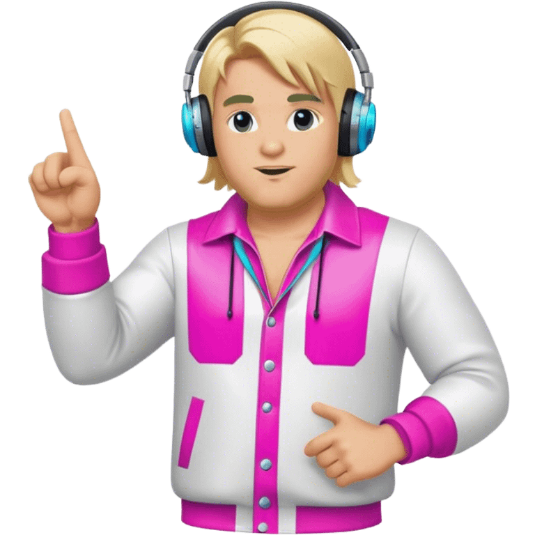 blond big man in colorful dj outfit pointing sideways emoji