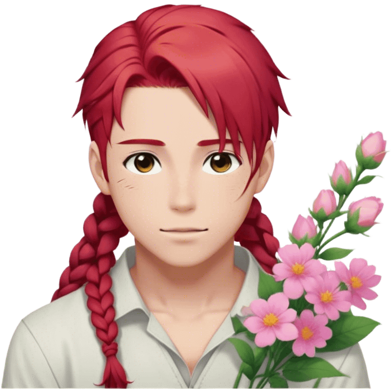 red hair with a thin side braid anime style handsome sexy gojo guy with blushing face and flowers aesthetic trending style outside emoji