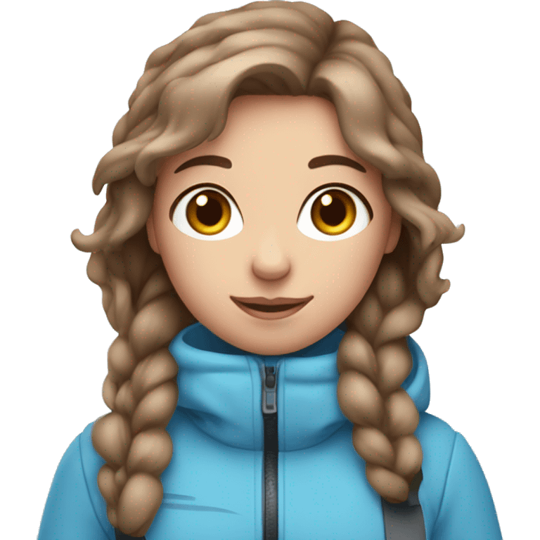 Light pink, snowy, ski girl with blue eyes standing with skis and brown hair emoji