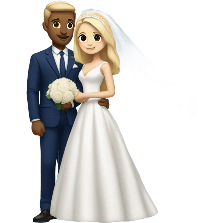 Puerto rican beard short hair with blue hat and navy blue suit getting Married with blond long hair girl with white  wedding dress  emoji