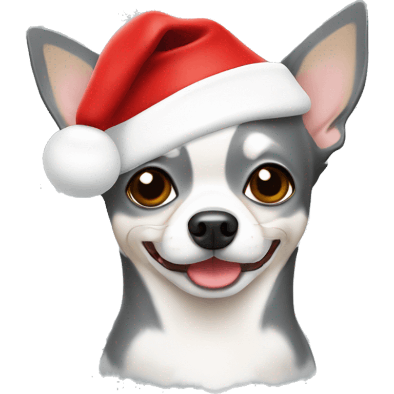 Grey and white chihuahua with Santa hat emoji