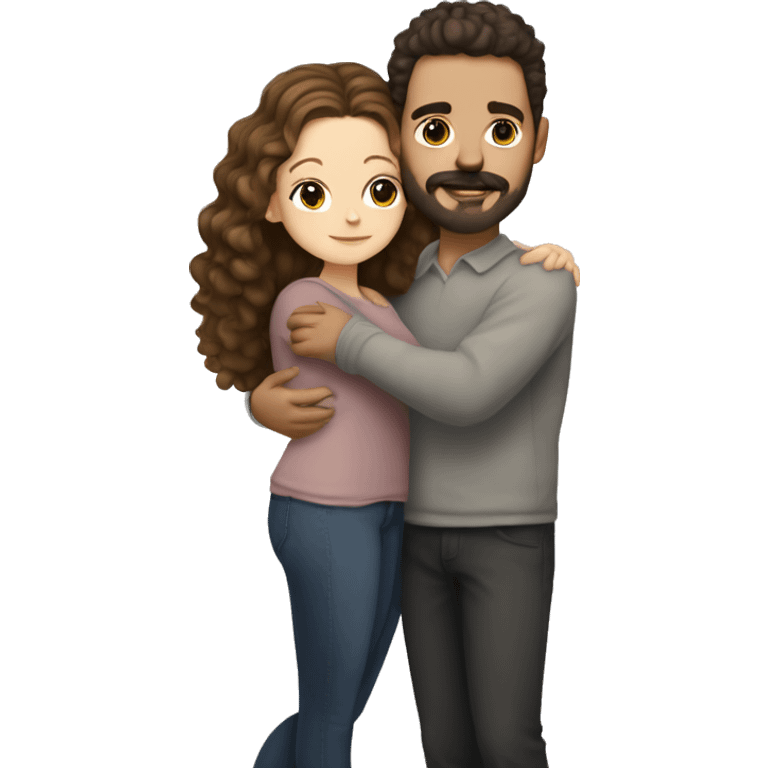 White girl with dark lash line and highlights in her hair, hugging a white guy with short dark brown curly hair and a mustache and face beard trimmed  emoji