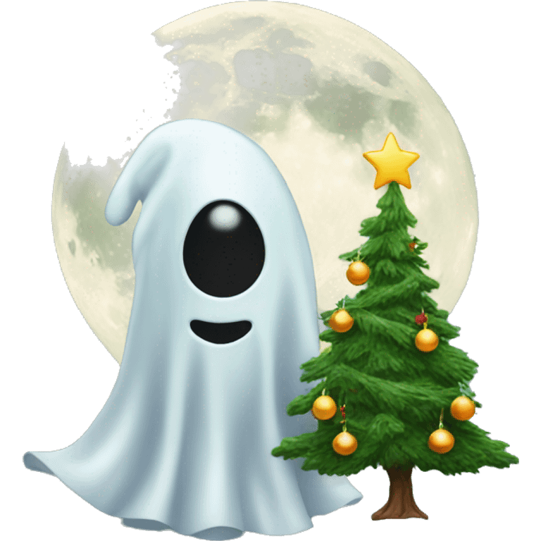 Christmas tree with a ghost and a moon emoji