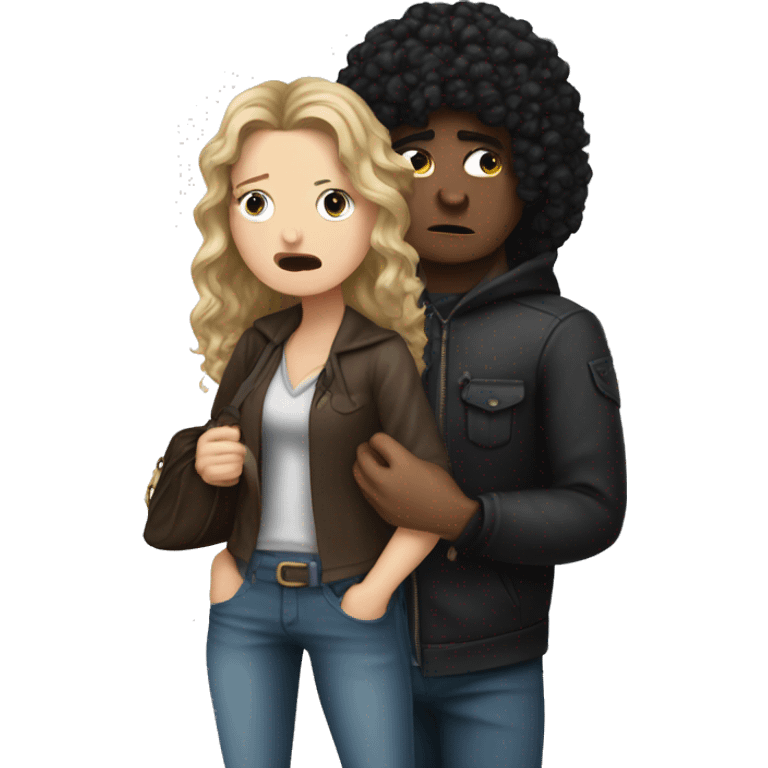  white girl with long black curly hair crying next to a thief who stole a women bag emoji