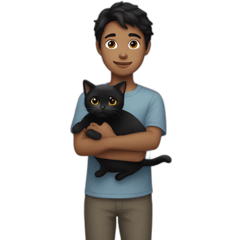 black-haired boy holds a black cat emoji