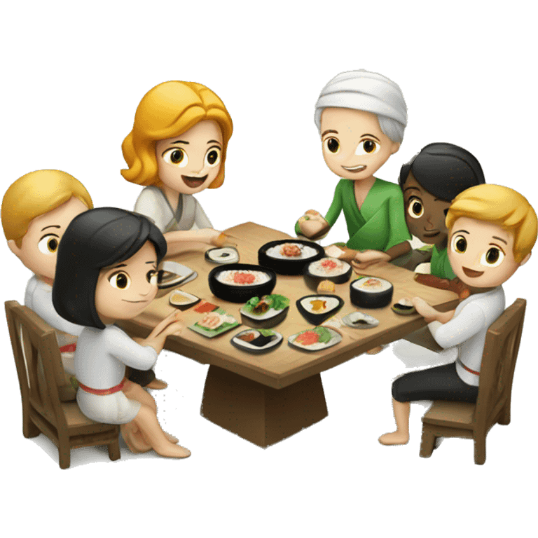 Caucasian family of 8 members eating sushi  emoji