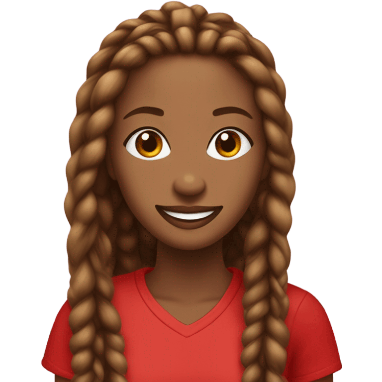 Light brown lady smiling,  brown long African braids, bright red lips, eyelashes, wearing red “happy Valentine’s Day” t shirt emoji