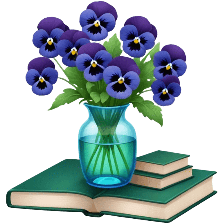 Aesthetically arranged books in dark green and next to them a bouquet of blue pansies in a light green glass vase emoji