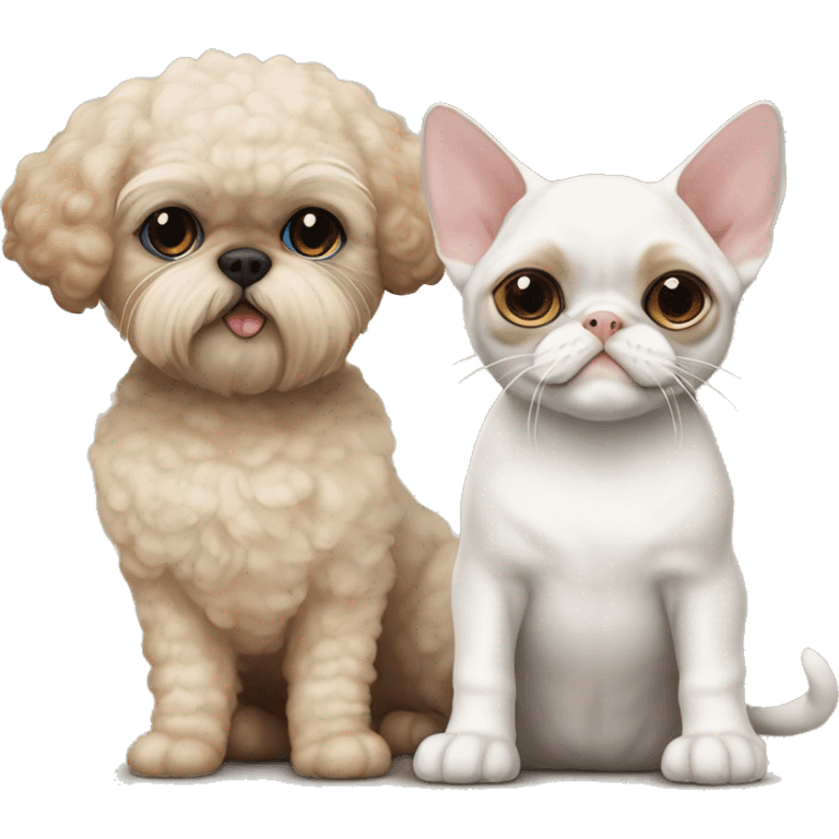 Beige blue eyed Devon Rex Cat sitting next to a larger beige shih tzu  dog  emoji