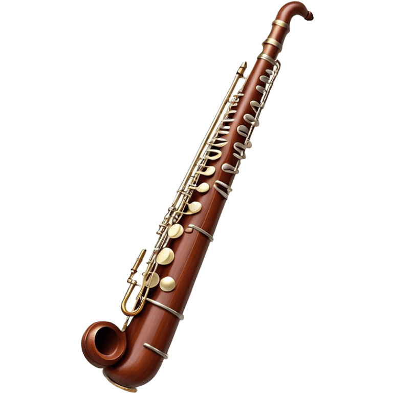 Create a detailed and elegant emoji representing a bassoon. The design should showcase the long, slender wooden body of the bassoon with its distinct curves and metal fittings. Highlight the keywork and metal rings around the joints, with subtle light reflections on the wood to give it a polished appearance. The top of the bassoon should have the characteristic metal bell, and the reed should be clearly visible at the mouthpiece. Use warm wood tones like deep brown and mahogany for the body, with silver or brass accents for the metal parts. Add soft musical notes or soundwaves around the instrument to evoke its rich, deep sound. The background should be transparent. emoji